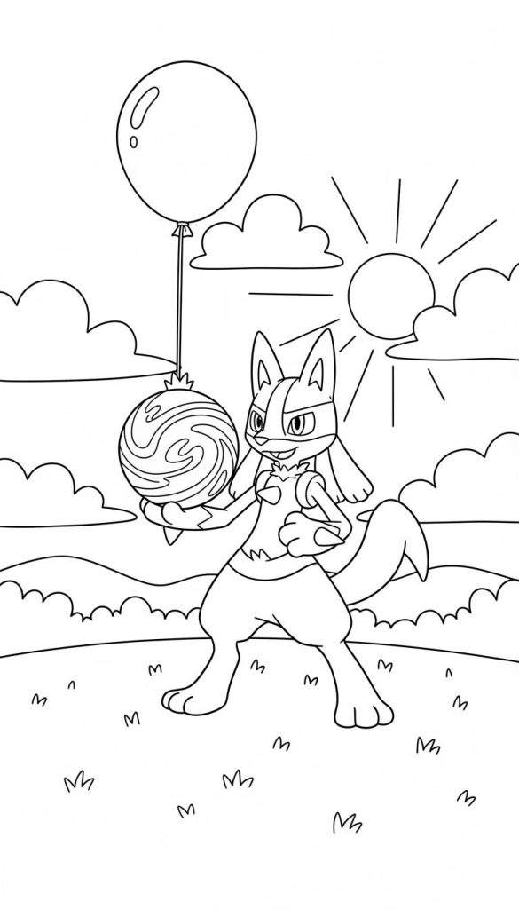 Kleurplaat van de Pokémon Lucario die lachend een bal met spiraalpatroon en een ballon vasthoudt, buiten op een zonnige dag met wolken, zon, gras en glooiende heuvels.