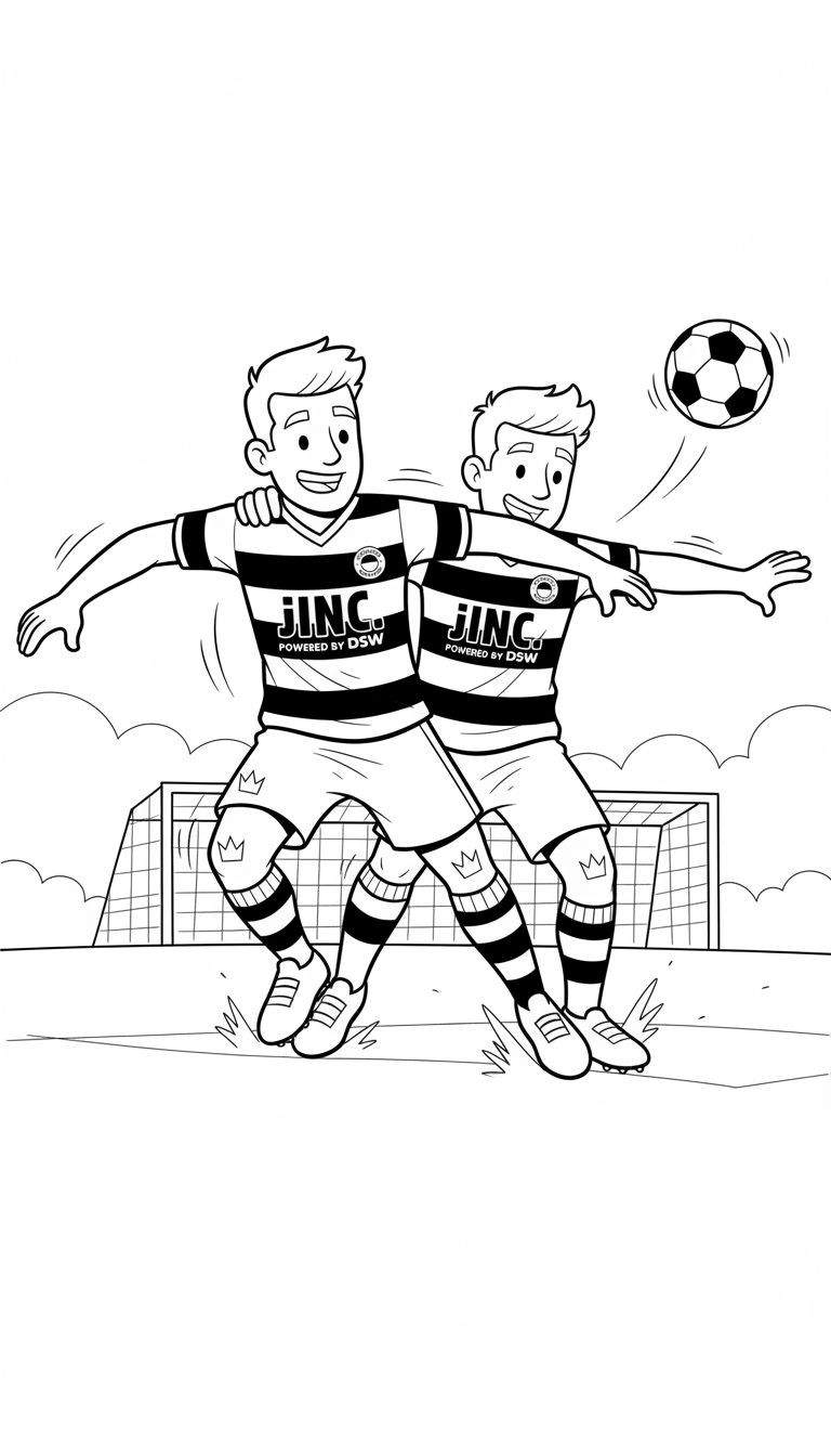 Kleurplaat van twee lachende Excelsior voetballers in gestreepte tenues met JINC POWERED BY DSW logo, juichend op het veld met een zwevende voetbal en een doel op de achtergrond.