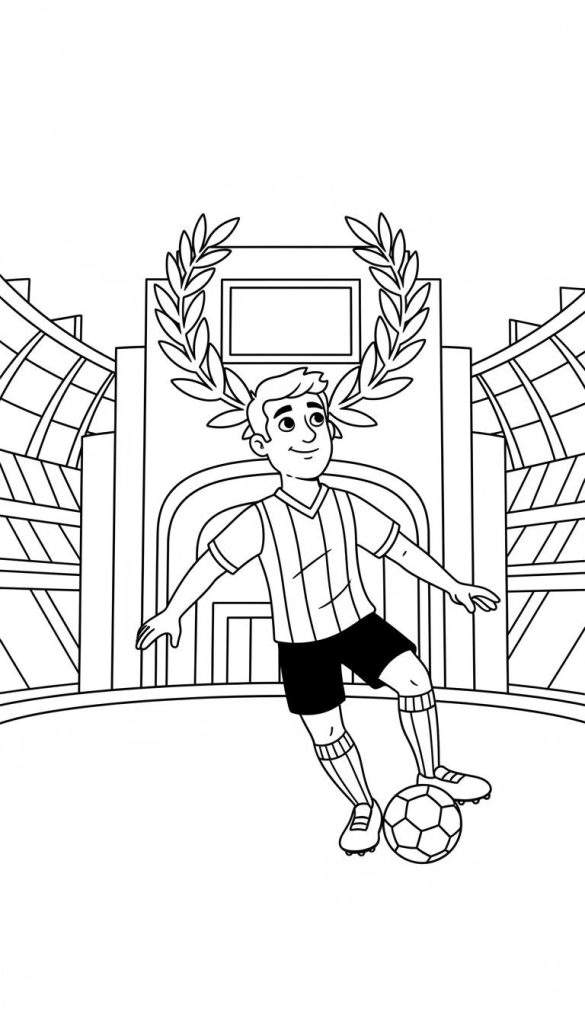 Kleurplaat van een vrolijke jonge Sparta Rotterdam voetballer in actie met een voetbal, in een groots stadion met tribunes en een imposante erepoort op de achtergrond.