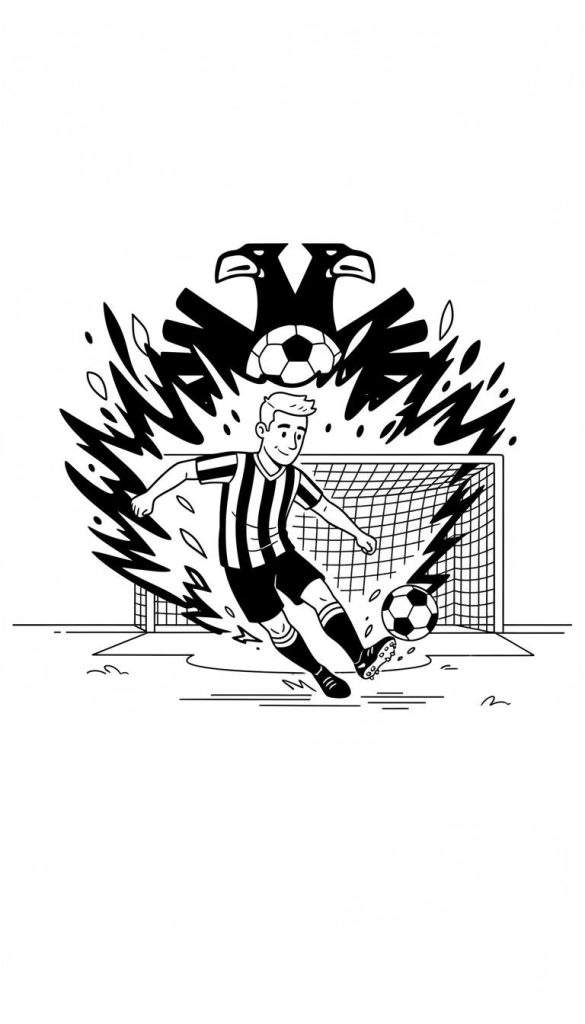 Zwart-witte kleurplaat van een glimlachende Vitesse-voetballer die een doelpunt scoort met vlammende energie, een voetbaldoel, twee voetballen en een tweekoppige adelaar bovenin.