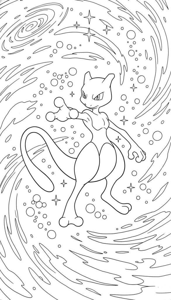 Zwart-wit kleurplaat van de legendarische Pokémon Mewtwo in een dynamische, aanvallende pose, omringd door wervelende energie en kosmische symbolen.