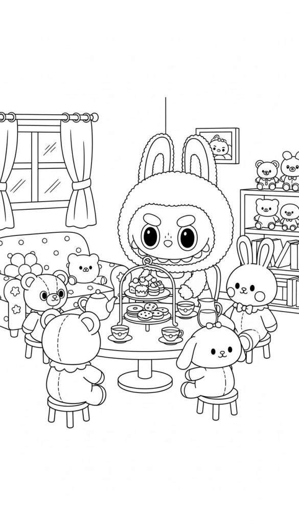 Zwart-wit kleurplaat van een gezellig Labubu theekransje met pluizig hoofdfiguur, verschillende knuffeldieren, theeservies, gebakjes, raam met gordijnen en boekenplank.