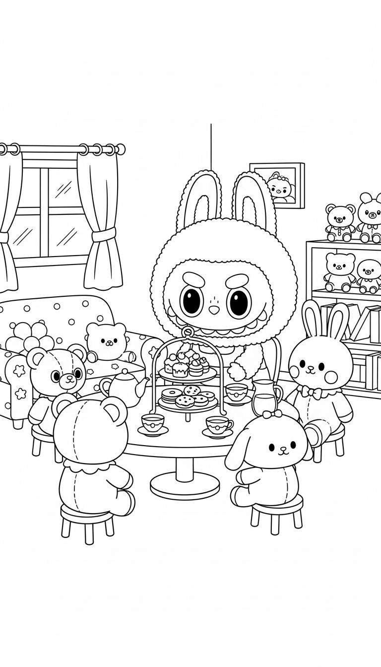 Zwart-wit kleurplaat van een gezellig Labubu theekransje met pluizig hoofdfiguur, verschillende knuffeldieren, theeservies, gebakjes, raam met gordijnen en boekenplank.