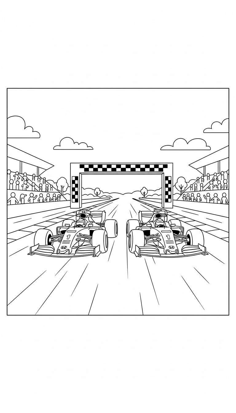 Zwart-wit kleurplaat van twee Formule 1-racewagens die naar de finishlijn racen, met tribunes vol toeschouwers, bomen en wolken. Auto nummer 1 rijdt voorop.