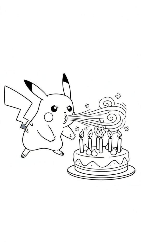Zwart-wit kleurplaat van Pikachu die krachtig de brandende kaarsjes op een verjaardagstaart uitblaast, met zichtbare wind en luchtstromen.