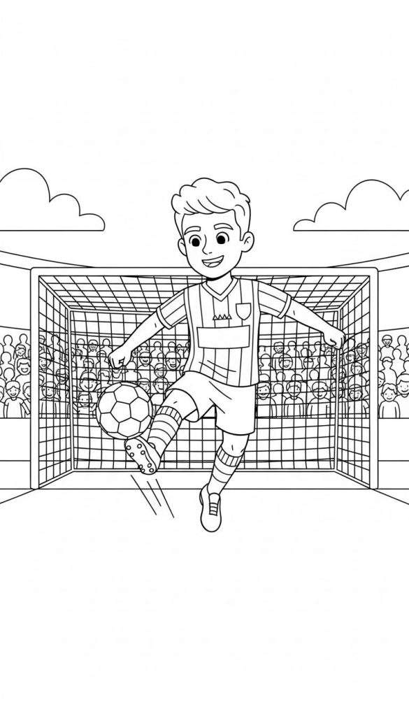 Kleurplaat van een blije jonge voetballer in actie, die een voetbal schopt voor een doel met net en een tribune vol publiek in een stadion. Thema PEC Zwolle.