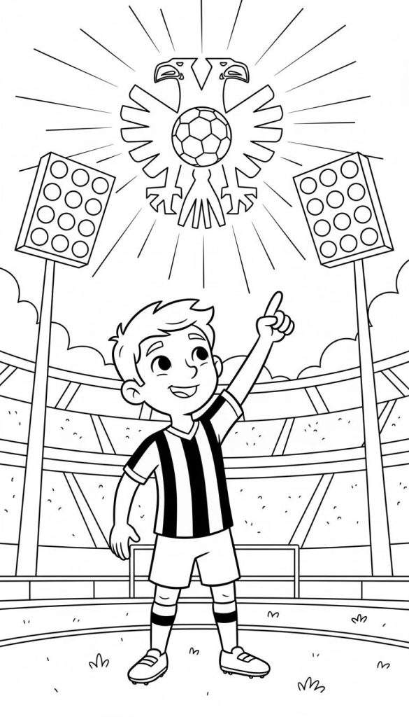Kleurplaat van een lachende jongen in een gestreept Vitesse voetbaltenue, staand op een voetbalveld. Boven hem zweeft een dubbelkoppige adelaar met voetbal, geflankeerd door schijnwerpers en op de achtergrond een stadiontribune.