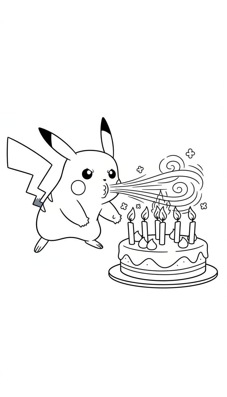 Zwart-wit kleurplaat van Pikachu die krachtig de brandende kaarsjes op een verjaardagstaart uitblaast, met zichtbare wind en luchtstromen.