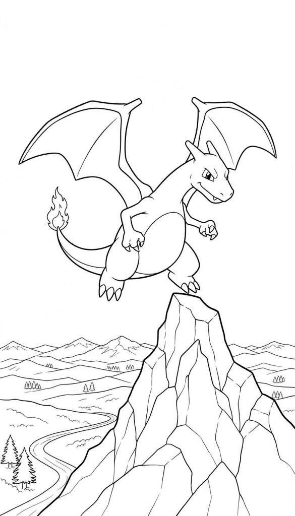 Zwart-wit kleurplaat van Pokémon Charizard op een rotsachtige bergtop, met vleugels en staartvlam. Op de achtergrond is een uitgestrekt landschap te zien met glooiende heuvels, bergen in de verte, een kronkelend pad en dennenbomen.
