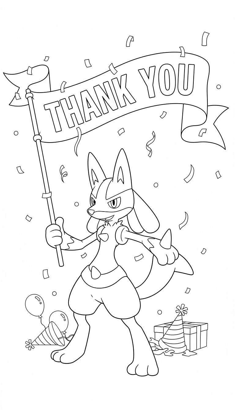 Zwart-wit kleurplaat van Pokémon Lucario die een "THANK YOU" banner vasthoudt te midden van confetti, slingers, ballonnen, feestmutsen en cadeautjes.