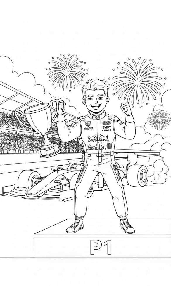 Zwart-wit kleurplaat van een lachende Red Bull Formule 1 coureur op een P1 podium, met trofee, raceauto, juichende menigte en vuurwerk op de achtergrond.