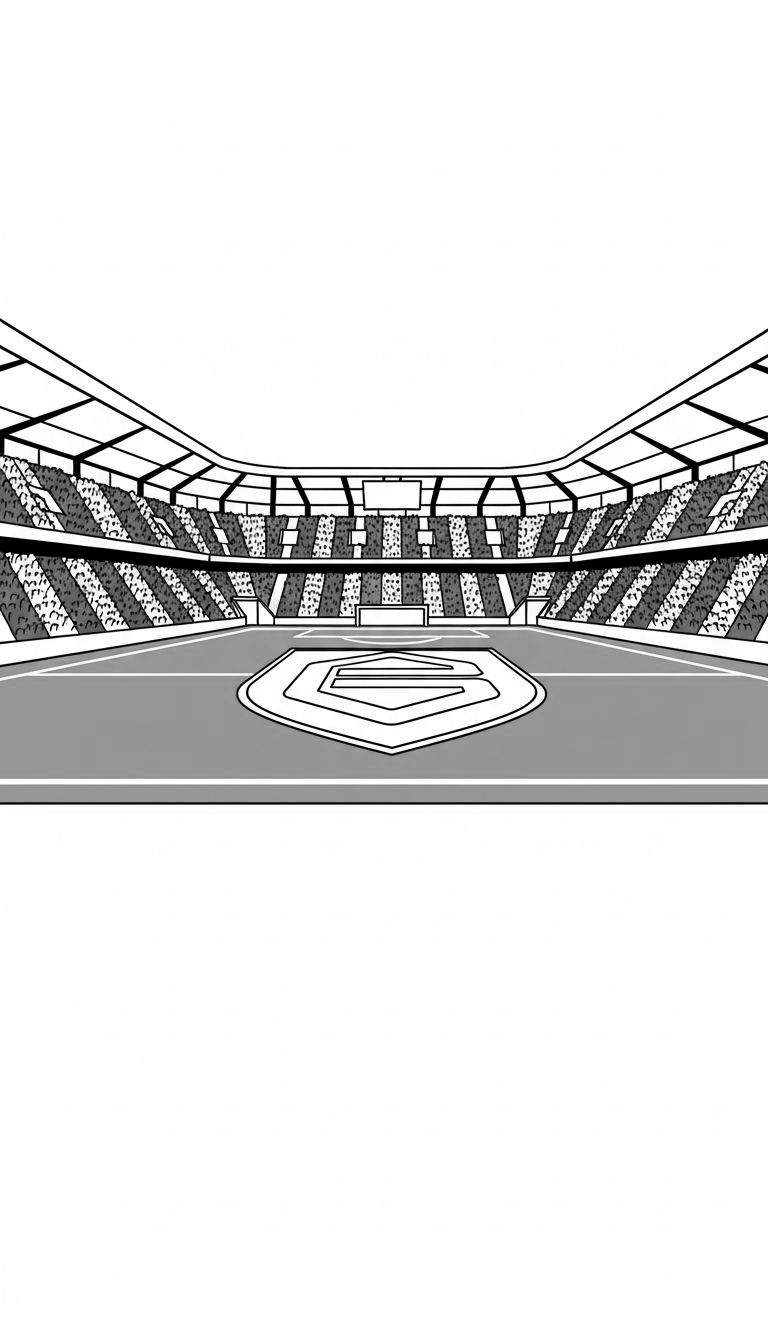Zwart-wit kleurplaat van het FC Groningen stadion (Euroborg) met lege tribunes, speelveld en schildvormig clublogo met gestileerde 'S'.