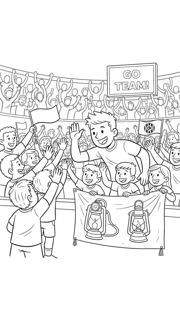Kleurplaat van Roda JC fans die juichen op tribunes, met een man en kinderen op de voorgrond. Eén kind houdt een Roda JC-vlag vast, een ander een lege vlag. Onderaan is een spandoek met twee mijnwerkerslampen te zien. Het bord 'GO TEAM!' hangt boven de menigte.