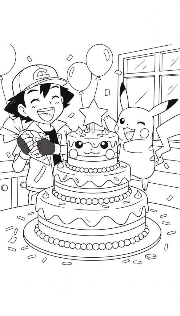 Kleurplaat van Ash Ketchum en Pikachu die een verjaardagsfeest vieren. Ash lacht breeduit met een cadeau, Pikachu knipoogt en juicht naast een grote drielagige taart met een Pikachu-gezicht. Op de achtergrond zweven ballonnen en valt confetti.