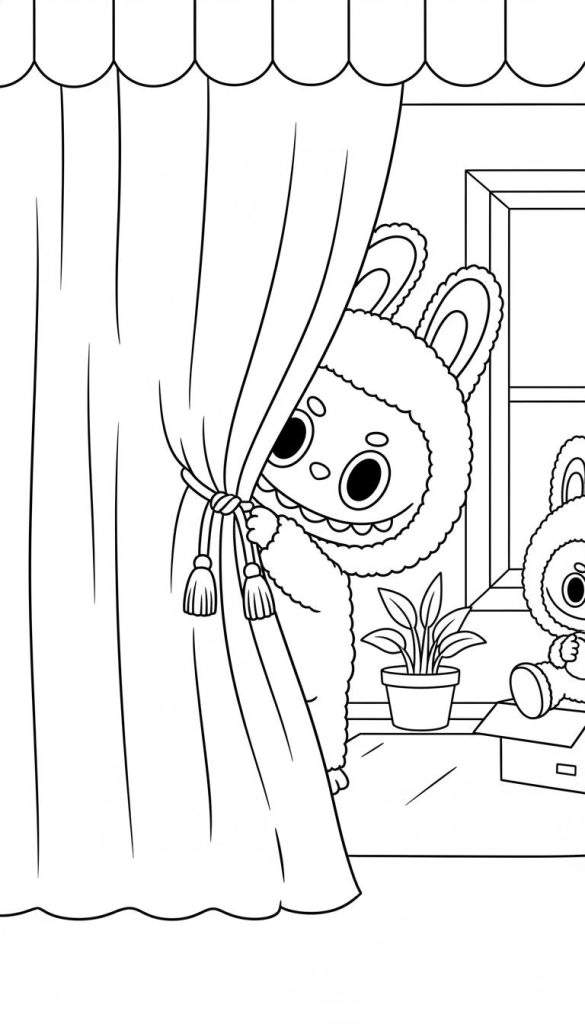 Zwart-wit Labubu kleurplaat met twee pluizige, konijnachtige wezentjes die nieuwsgierig achter een gordijn en op een vensterbank loeren, met een plant en een open doos.