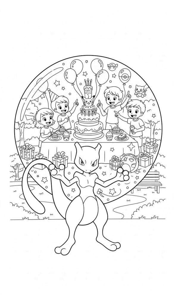 Zwart-wit kleurplaat van Mewtwo op de voorgrond, kijkend naar een feestelijke cirkel met kinderen die een Pokémon verjaardagsfeestje vieren met een Pikachu taart, ballonnen en cadeautjes.