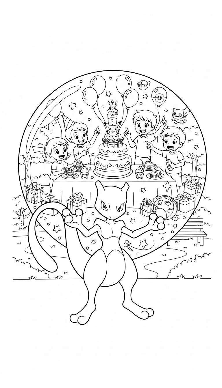 Zwart-wit kleurplaat van Mewtwo op de voorgrond, kijkend naar een feestelijke cirkel met kinderen die een Pokémon verjaardagsfeestje vieren met een Pikachu taart, ballonnen en cadeautjes.