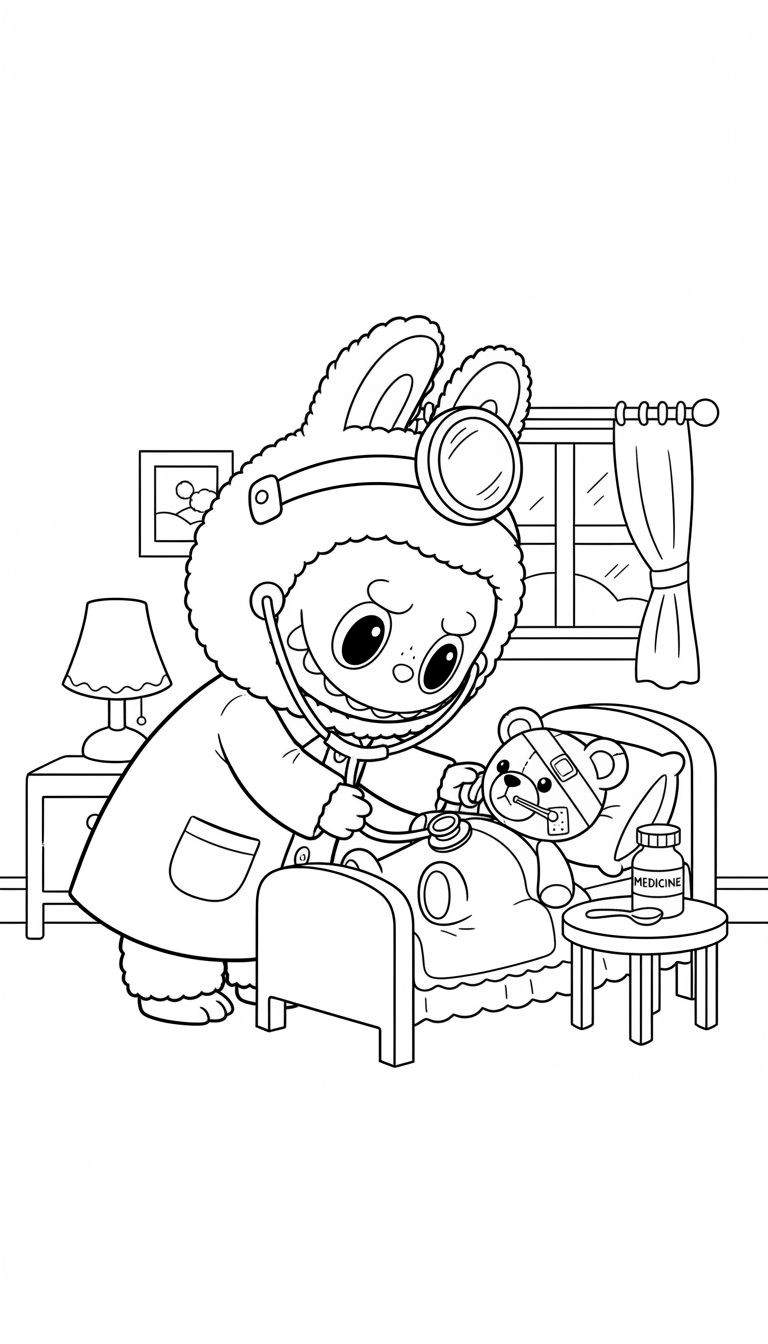 Kleurplaat van een konijn-dokter met voorhoofdspiegel en stethoscoop die een zieke teddybeer met hoofdverband, pleister en thermometer in bed onderzoekt. Naast het bed staan een nachtkastje met medicijn en een lamp.