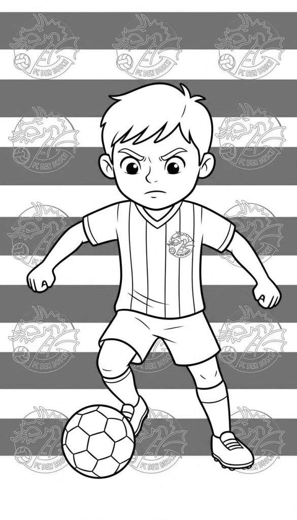 Zwart-wit kleurplaat van een jonge FC Den Bosch voetballer met een geconcentreerde uitdrukking, dribbelend met zijn voet op een voetbal. Hij draagt een gestreept shirt met het draak logo. De achtergrond heeft horizontale strepen met herhaalde, vervaagde FC Den Bosch draak logo's.