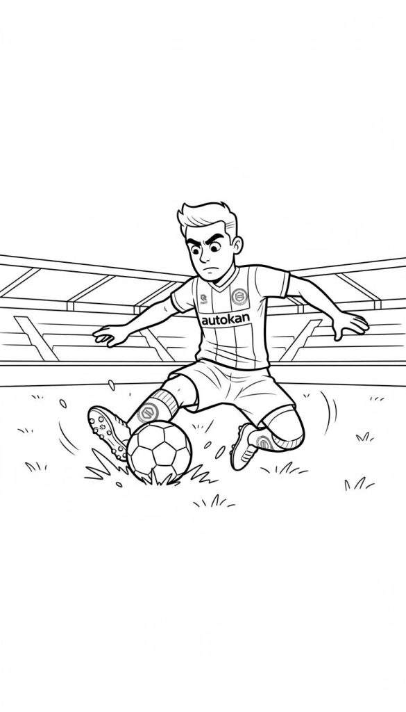 FC Groningen voetballer in actie, dribbelt de bal op een grasveld met stadion tribunes op de achtergrond. Gedetailleerde zwart-wit lijntekening voor een kleurplaat.