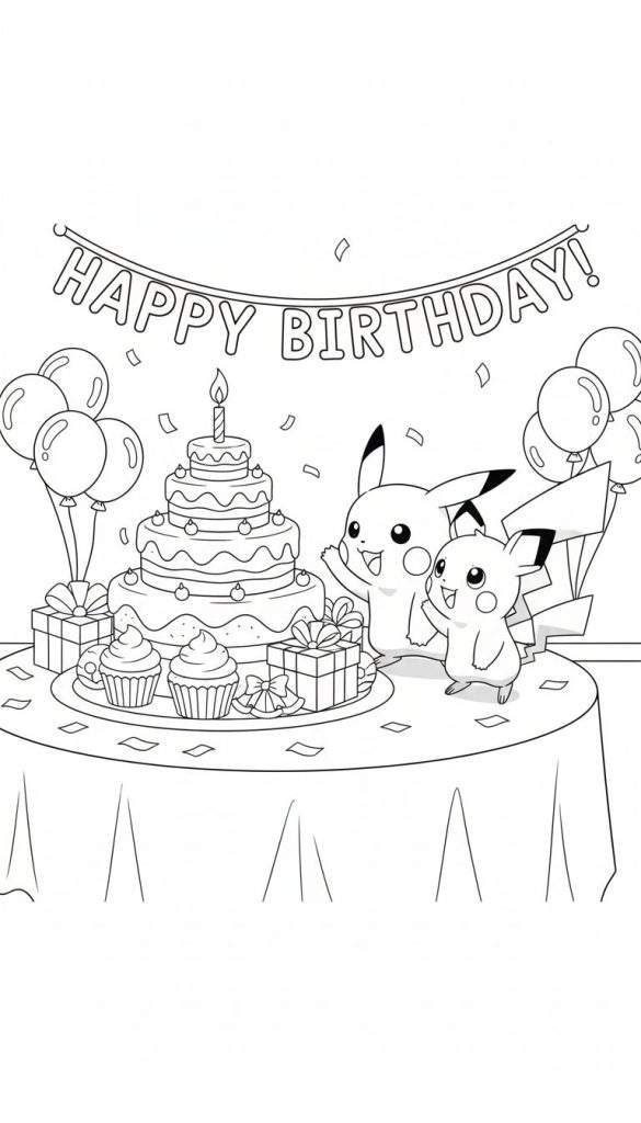 Zwart-wit kleurplaat van een vrolijk Pikachu verjaardagsfeestje met een drielaagse taart, ballonnen, cadeaus, confetti en een 'HAPPY BIRTHDAY!' slinger bovenaan.
