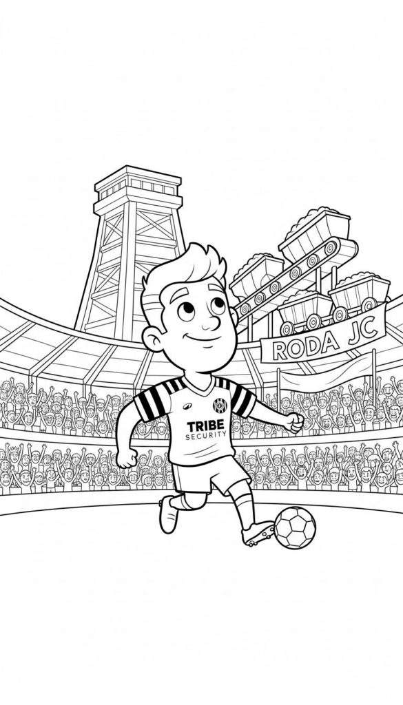 Zwart-wit kleurplaat van een voetballende jongen in een Roda JC-stadion met industriële mijnstreekachtergrond, inclusief mijntoren, kolenwagens en juichende supporters.