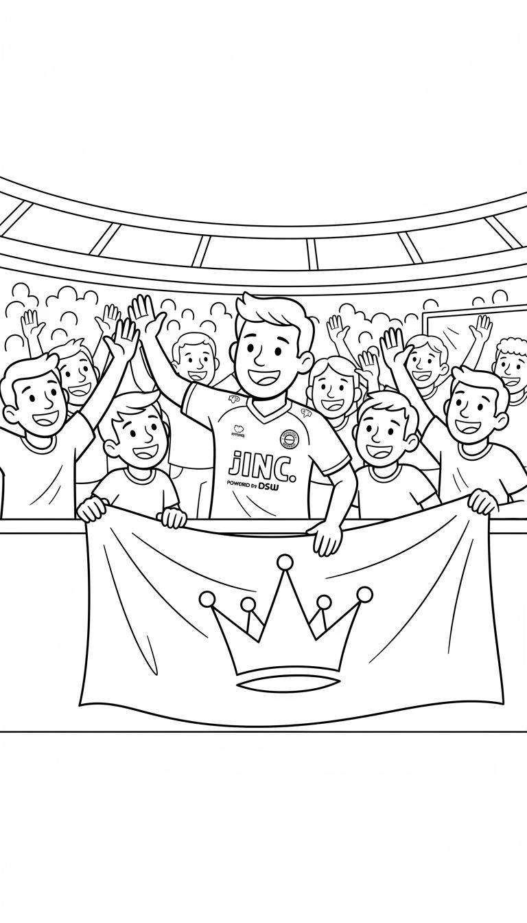 Kleurplaat van vrolijke Excelsior supporters in een stadion, juichend met handen in de lucht. Centraal een man met JINC en DSW logo op zijn shirt, omringd door fans die een spandoek met kroon vasthouden.