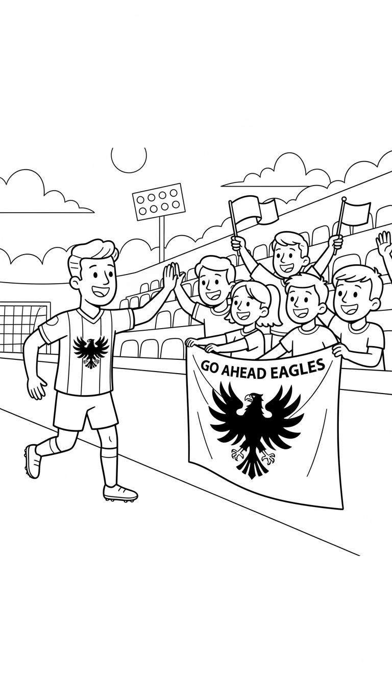Kleurplaat van een Go Ahead Eagles voetballer die een high-five geeft aan een supporter, voor een spandoek met 'GO AHEAD EAGLES' in een voetbalstadion met juichende fans en vlaggen.