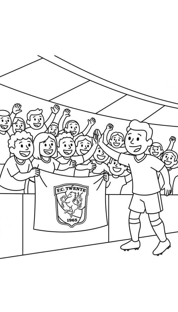 Kleurplaat van een FC Twente stadionviering met juichende fans, een spandoek met het FC Twente logo (ruiter, jaartal 1965) en een lachende voetballer die terugzwaait.