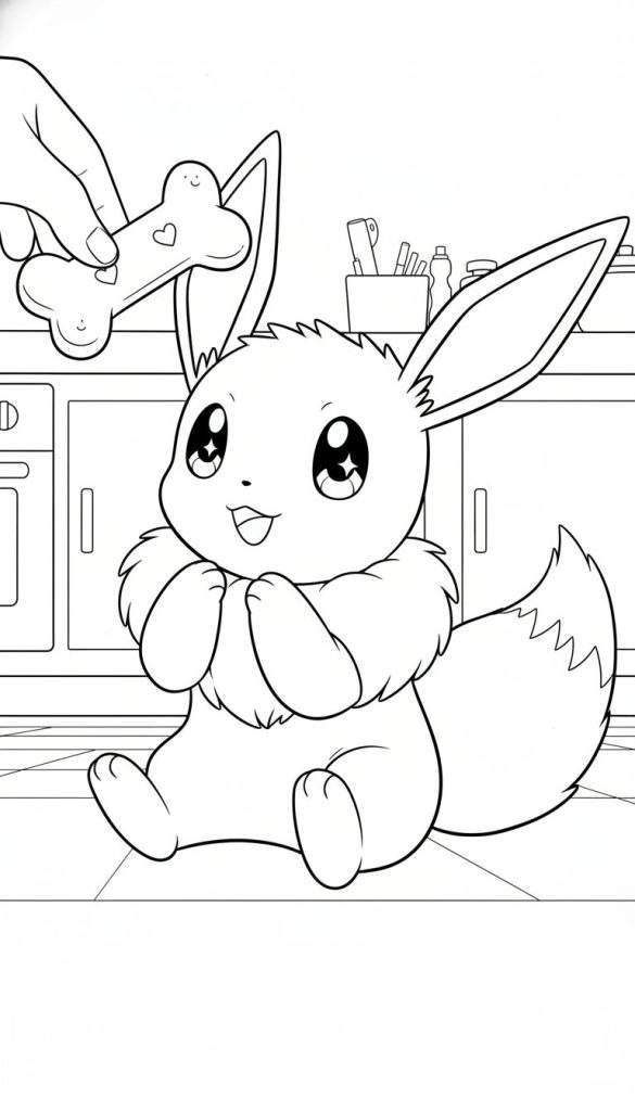 Zwart-wit kleurplaat van een vrolijke Eevee die blij kijkt naar een decoratief botje dat door een hand wordt aangeboden in een keukenomgeving.