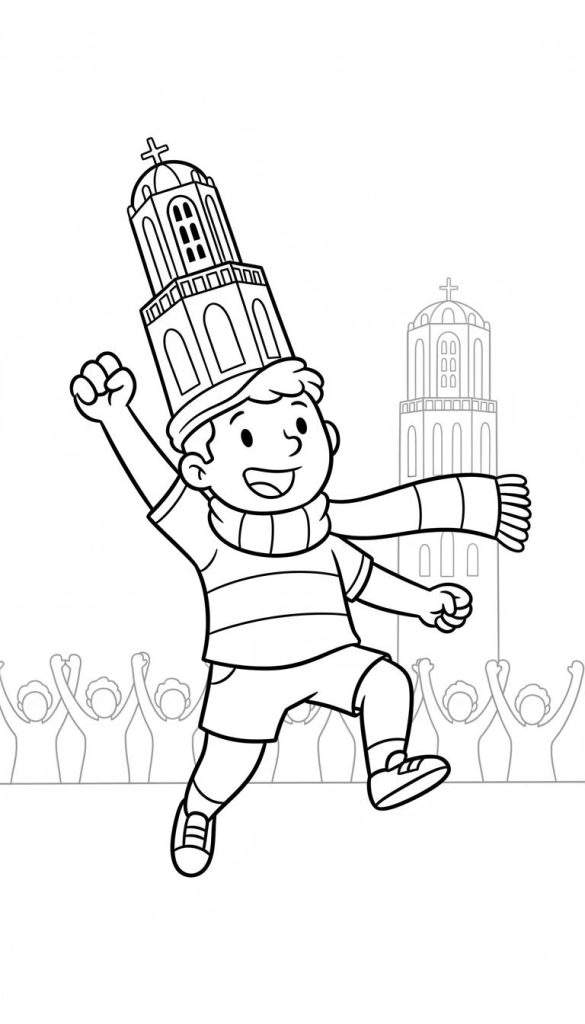 Kleurplaat van vrolijke jongen met Domtoren-hoed, gestreepte kleding, juichend voor de Domtoren, met juichende fans op de achtergrond. Thema: FC Utrecht.