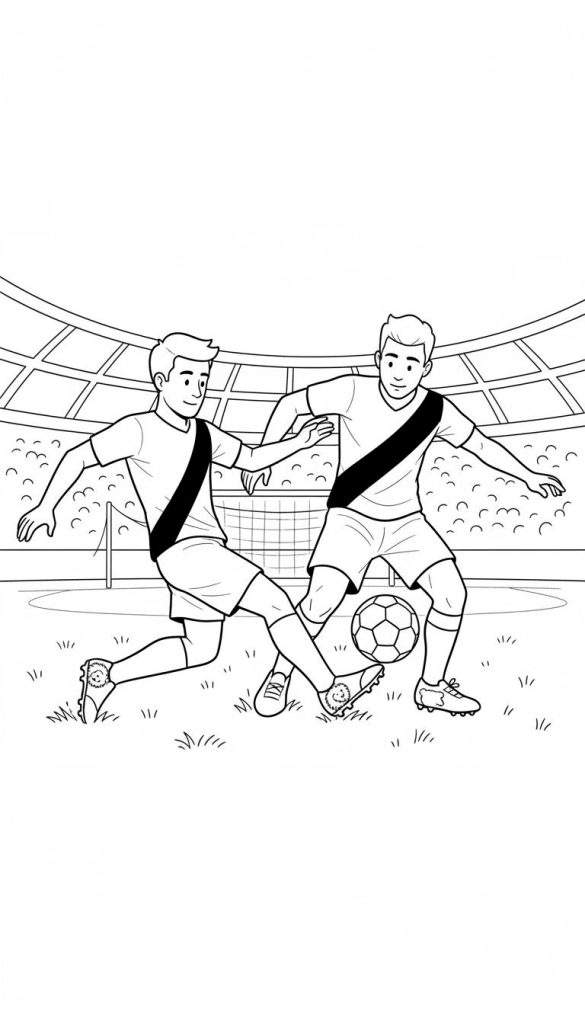 Zwart-wit kleurplaat van twee NAC Breda voetballers in actie met de bal op een grasveld in een stadion.