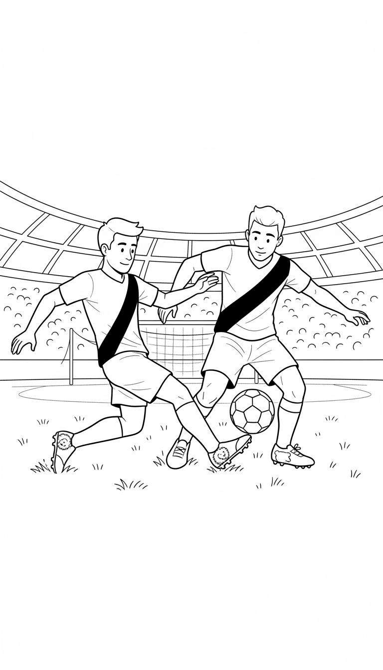 Zwart-wit kleurplaat van twee NAC Breda voetballers in actie met de bal op een grasveld in een stadion.