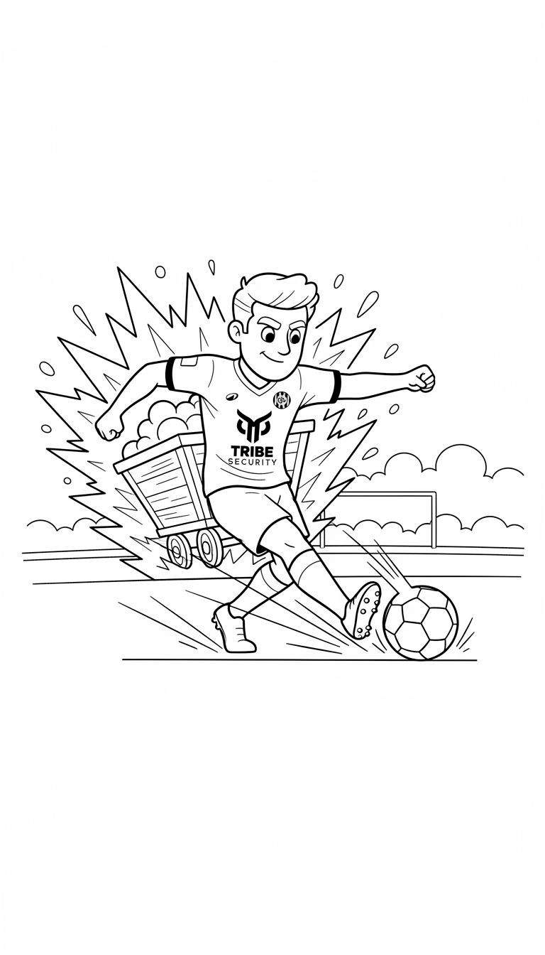 Kleurplaat: Lachende jongen in Roda JC shirt schopt voetbal, naast mijnkar en met voetbaldoel op achtergrond, vol dynamische lijnen.
