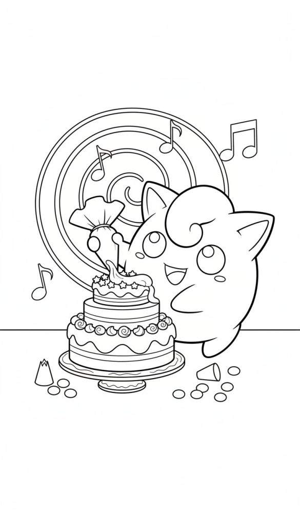 Kleurplaat van Jigglypuff die een meerlaagse taart decoreert met glazuur en sterren. Op de achtergrond muzieknoten en op de grond een omgevallen feesthoedje en confetti.