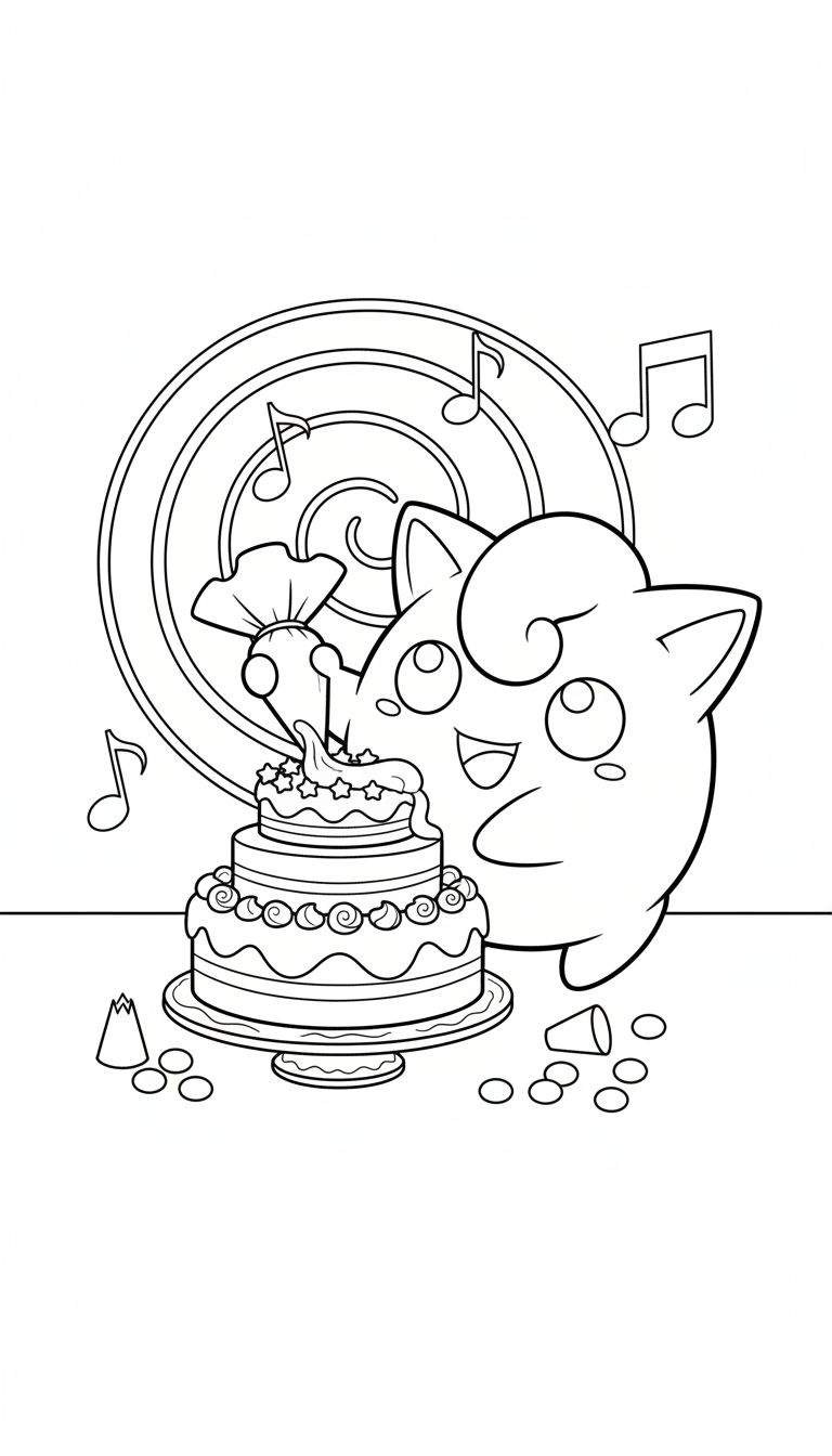 Kleurplaat van Jigglypuff die een meerlaagse taart decoreert met glazuur en sterren. Op de achtergrond muzieknoten en op de grond een omgevallen feesthoedje en confetti.