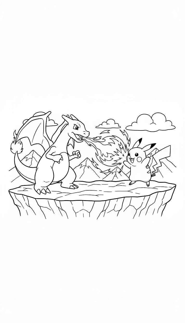 Zwart-wit lijntekening van Charizard die vuur spuwt naar een lachende Pikachu op een rotsachtig plateau, met bergen en wolken op de achtergrond.