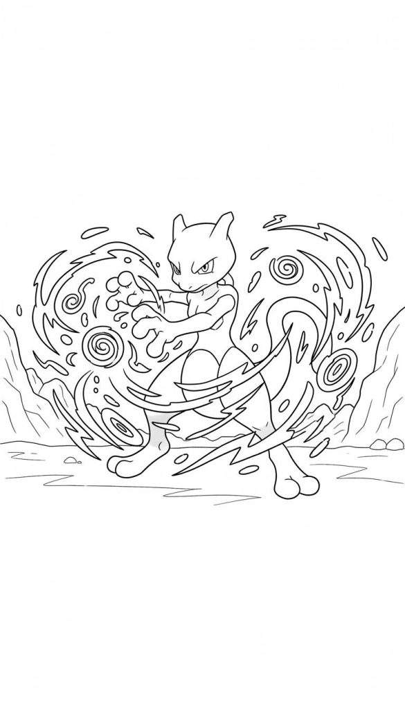 Mewtwo kleurplaat in actie, met energie die uit zijn handen stroomt en spiraalvormige patronen vormt, tegen een achtergrond van rotsen.