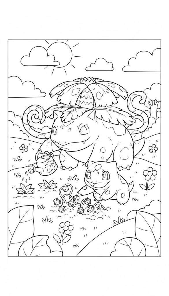 Zwart-wit kleurplaat van Ivysaur die water geeft en Bulbasaur die jonge plantjes verzorgt in een zonnig, groen buitenlandschap.