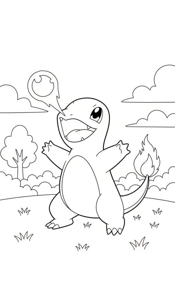 Zwart-wit kleurplaat van een lachende Charmander met wijd open armen, open mond met zichtbare tandjes en een krulvormige vuur/geluidsexpressie. De vlam aan zijn staart brandt. Op de voorgrond is gras en op de achtergrond zijn wolken, een boom en struiken te zien.