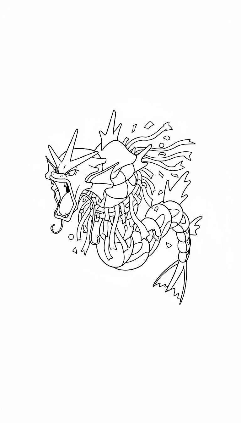 Zwart-wit lijntekening van Mega Gyarados kleurplaat, een woeste draak Pokémon met open bek, scherpe tanden, linten en stekels.