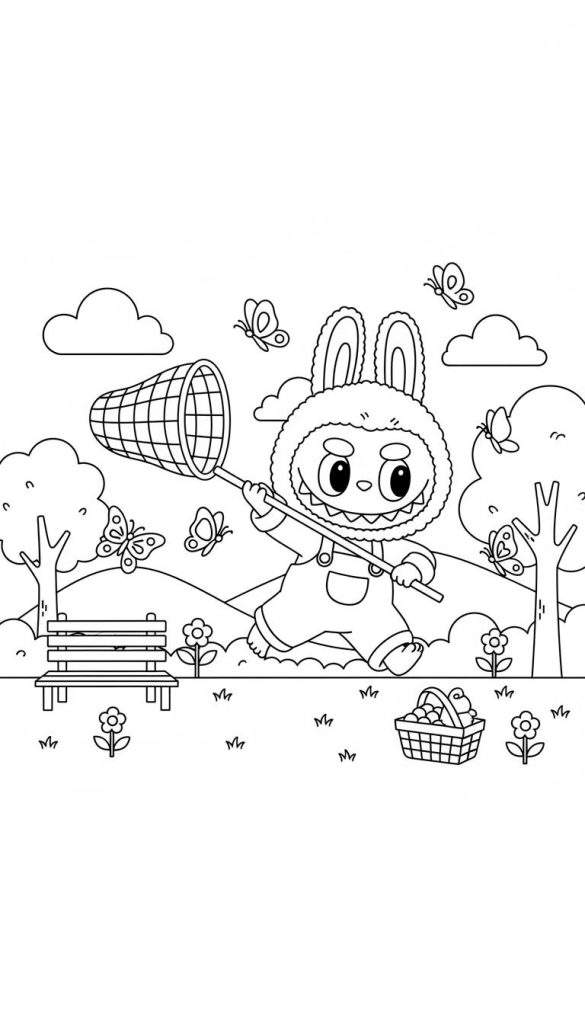 Zwart-wit kleurplaat van Labubu, een schattig konijn in een pluizig pak, die met een vlindernetje vlinders vangt in een park met heuvels, bomen, een bankje en een mandje.