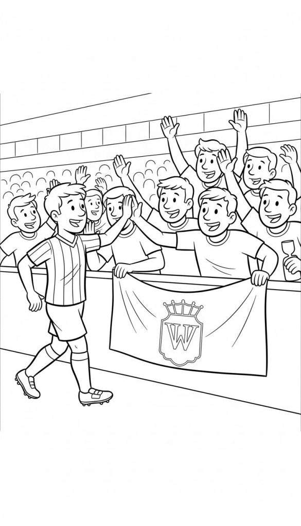 Zwart-wit lijntekening van een Willem II voetballer die een high-five geeft aan een juichende supporter, met meer fans en een Willem II spandoek met logo (wapenschild met kroon en 'W') in een voetbalstadion.