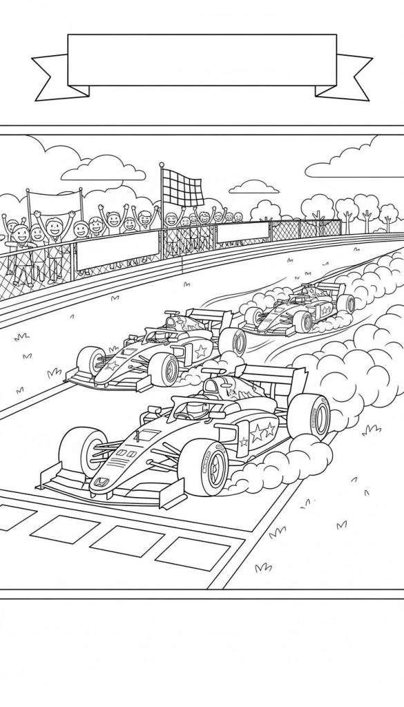 Zwart-wit lijntekening van een dynamische Formule 1-achtige autorace. Vier snelle raceauto's produceren veel rook op een circuit, met juichende toeschouwers, een finishvlag en startvakken.
