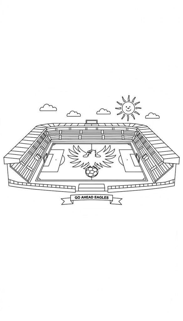 Zwart-wit kleurplaat van het Go Ahead Eagles voetbalstadion met een adelaar, voetbal, lachende zon en spandoek 'GO AHEAD EAGLES'.