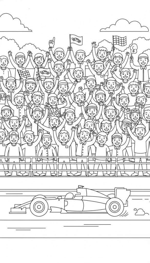 Zwart-wit kleurplaat van een Red Bull Formule 1-raceauto op een circuit, met een juichende menigte fans op de tribune die vlaggen vasthouden.