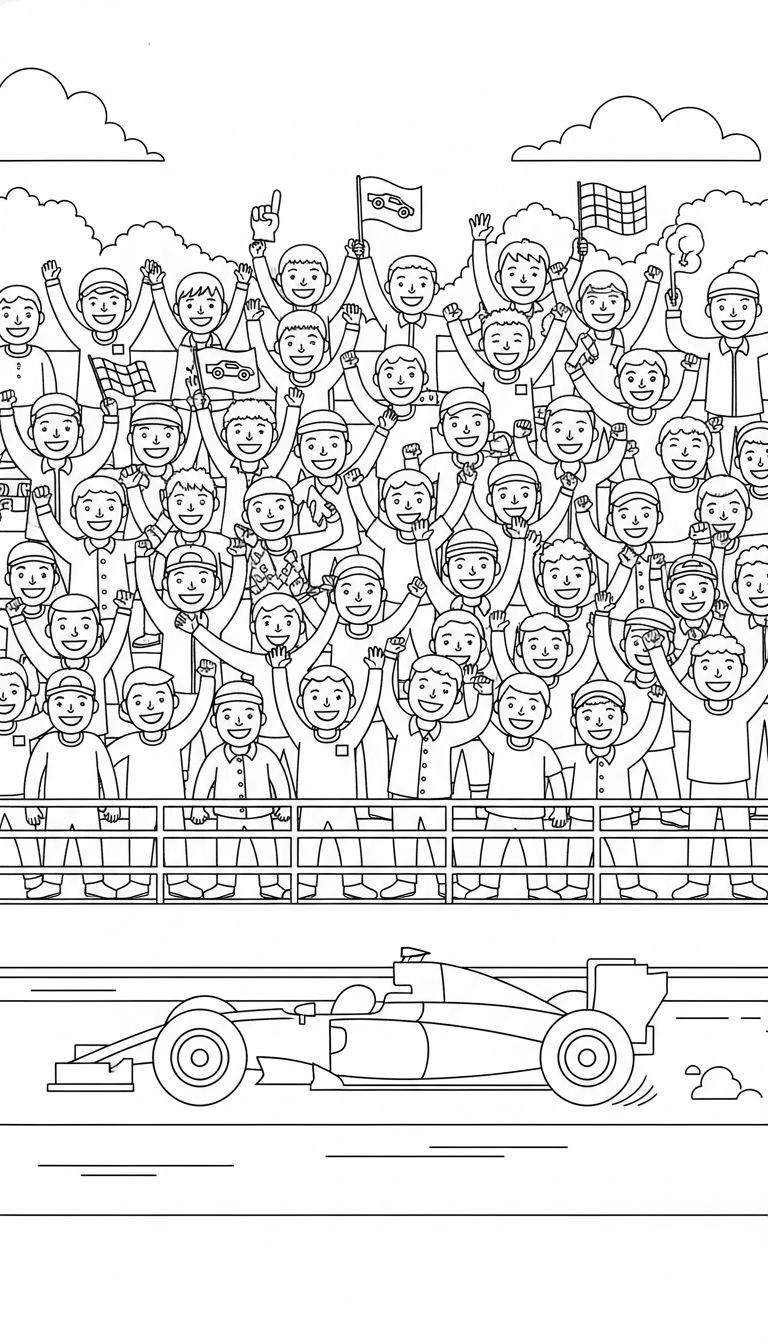 Zwart-wit kleurplaat van een Red Bull Formule 1-raceauto op een circuit, met een juichende menigte fans op de tribune die vlaggen vasthouden.