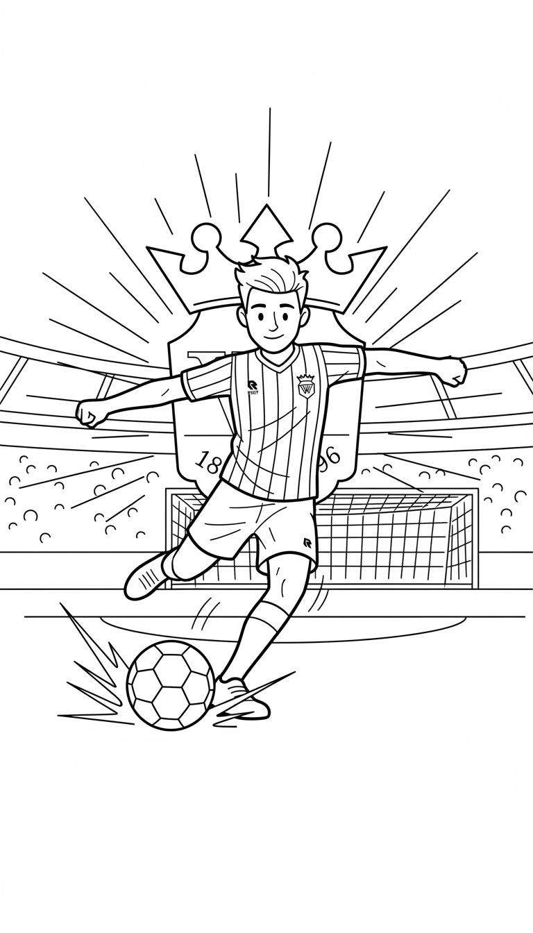 Kleurplaat van een jonge Willem II voetballer die een bal trapt, met clublogo's, het jaar 1896 op een schild met kroon, en een stadion op de achtergrond.