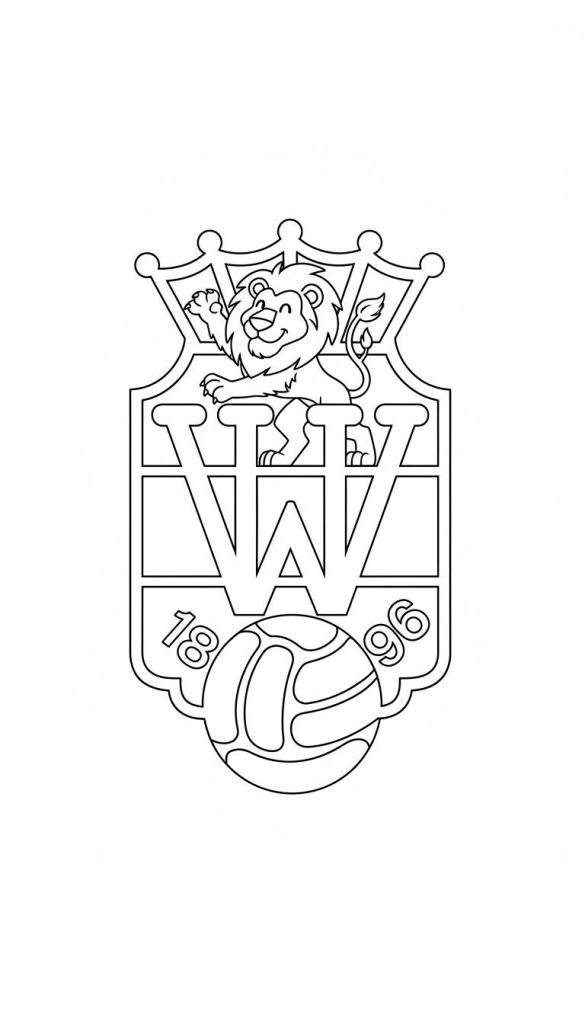 Zwart-wit kleurplaat van het Willem II voetbalclub logo, met een gestileerde kroon, een vrolijke, lachende leeuw die zwaait, de letters W.A.W., een klassieke voetbal en de oprichtingsdatum 1896.
