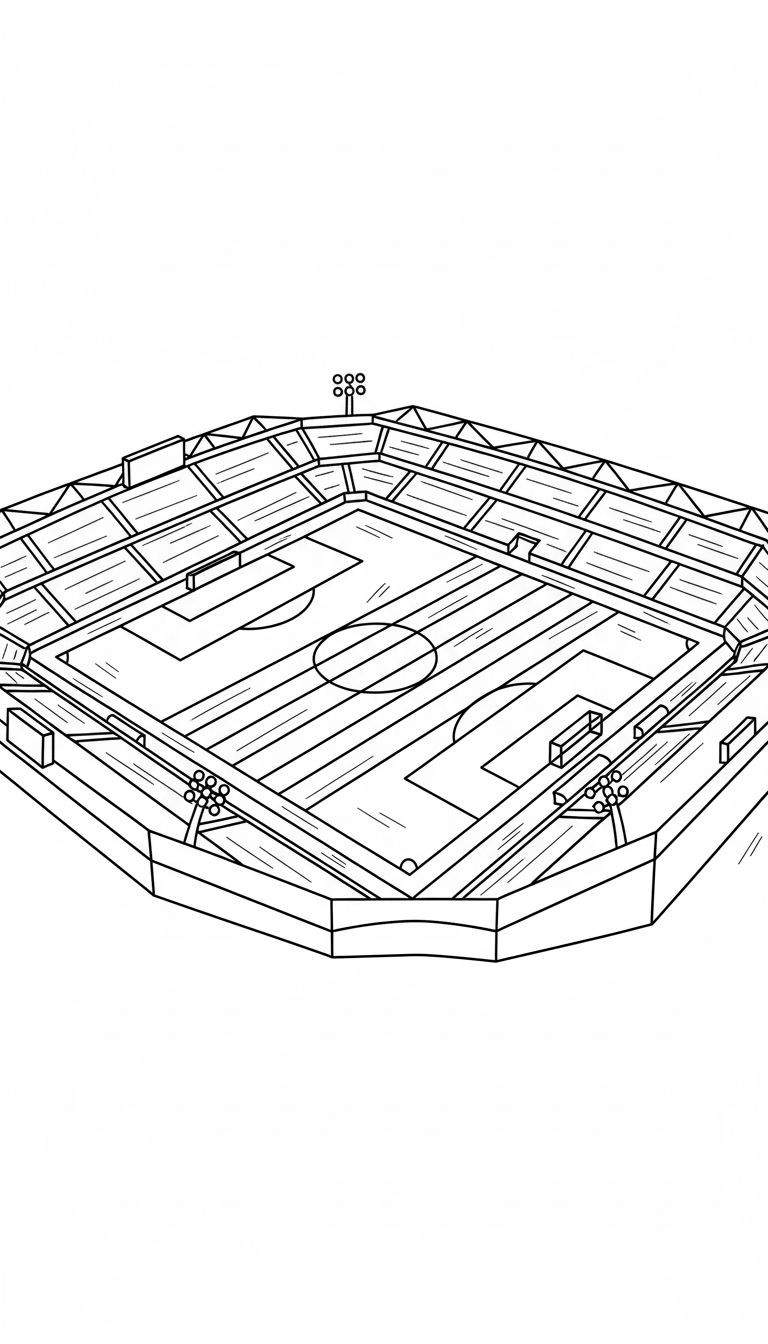 Zwart-wit lijntekening van het NAC Breda voetbalstadion vanuit vogelperspectief, met voetbalveld, tribunes en lichtmasten.